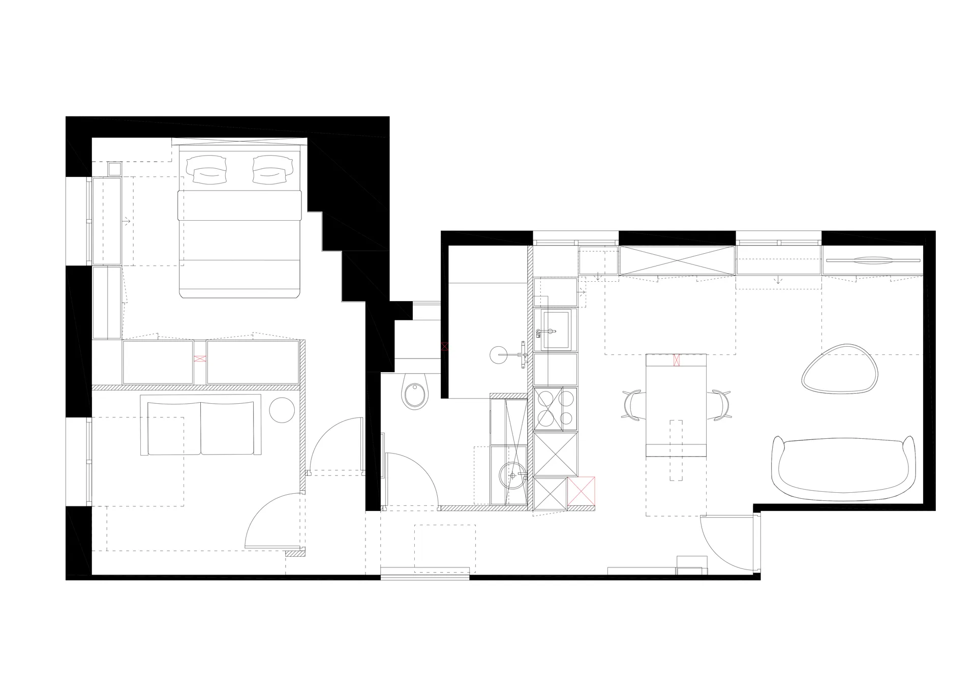 Plan projet : les chambres sont installées dans l'ancienne pièce à vivre, la salle d'eau est agrandie jusqu'à la fenêtre et la pièce à vivre prend place dans les anciennes chambres, ouvertes au maximum pour casser le couloir.